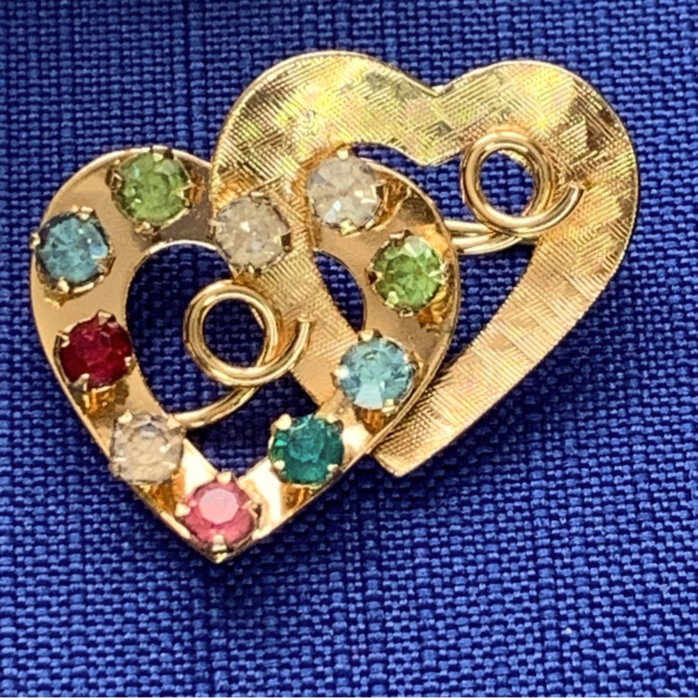 Vintage Gold Filled Double Heart Brooch with Rhinestones. Great Christmas gift!